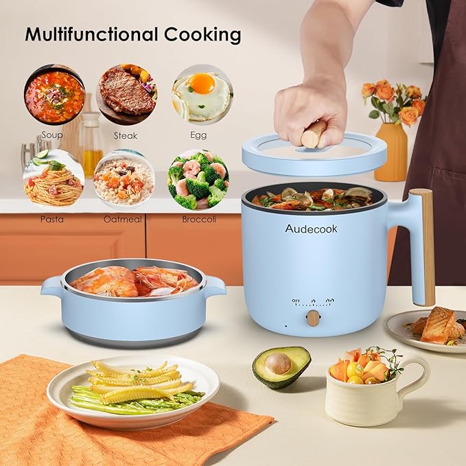 Audecook Hot Pot Electric with Steamer, 1.8L Portable Mini Travel Cooker - Image 2