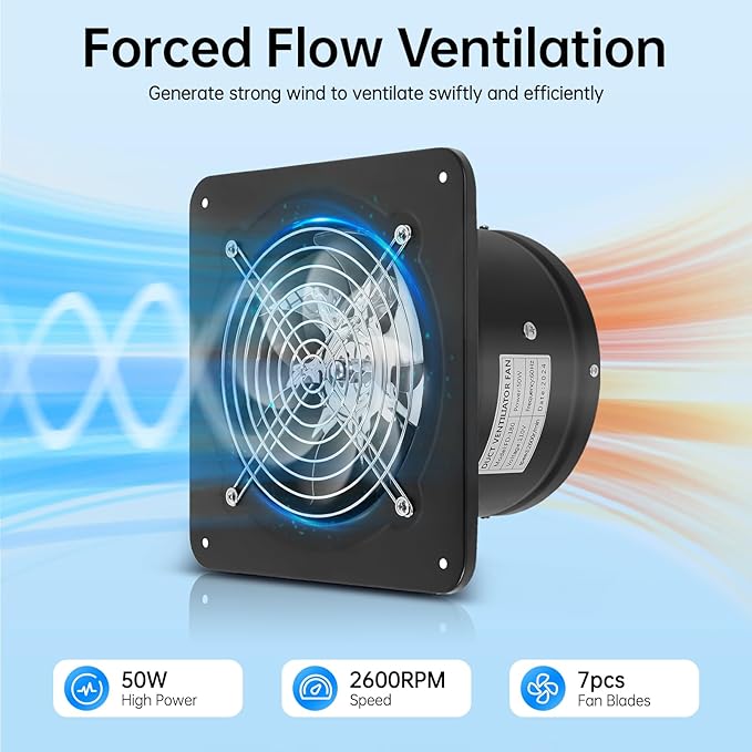 XUFOPLY 7 Inch Exhaust Fan, 110V 100W Wall Mounted Vent Fans 2600RPM Kitchen - Image 2
