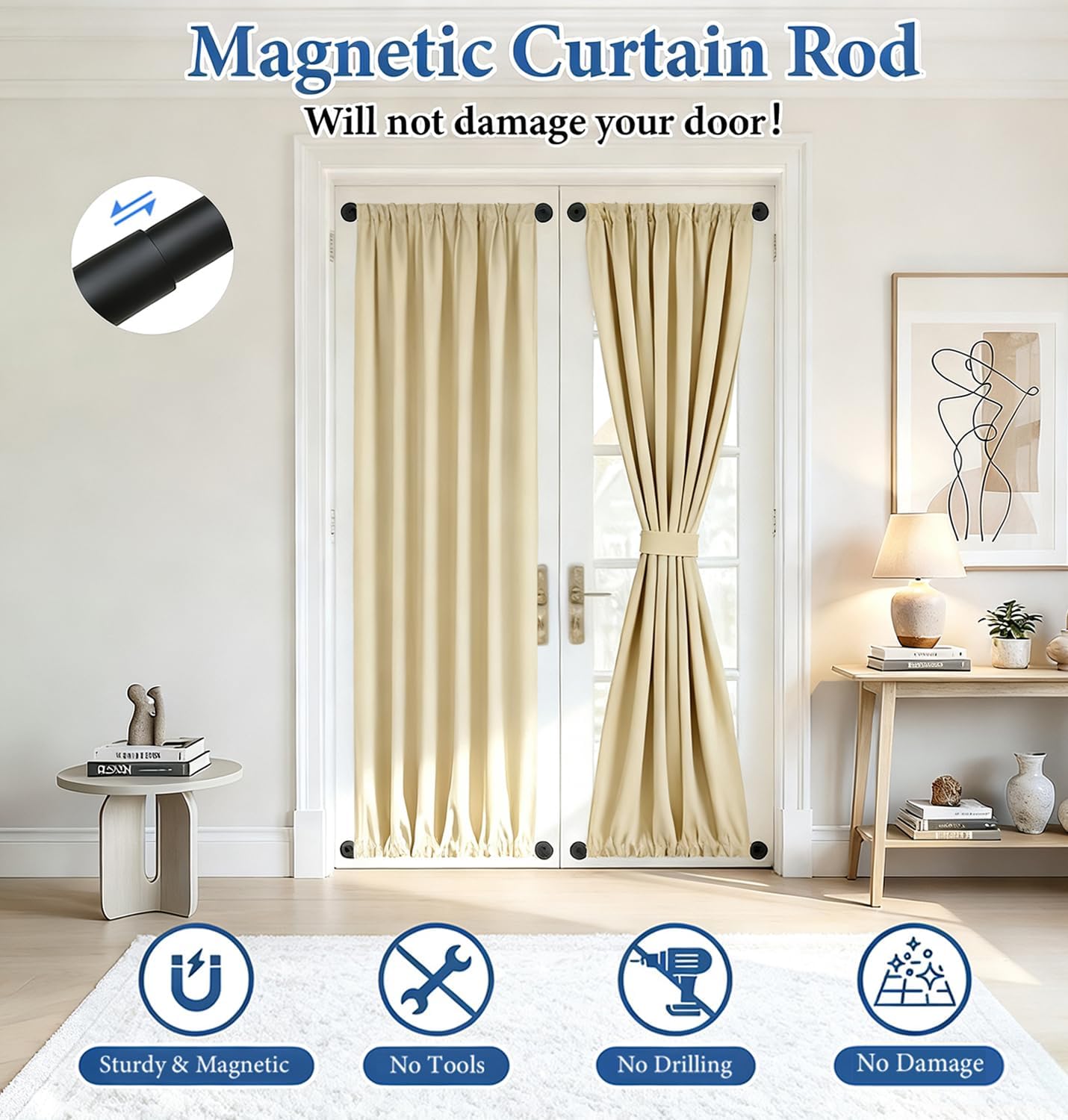 2 Pack Magnetic Curtain Rod for Door, 18-30 Inch Magnetic Curtain Rod for Metal Doors, 1/2" Diameter, Multi-use Magnetic Door Curtain Rods, Strong Magnetism Easy Install No Tools, Black