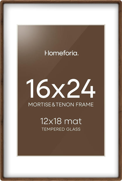 16 x 24 Picture Frame Brown, Mortise & Tenon Walnut 16x24 Wooden Poster Frames with Mat 12x18 for Wall, 24x16 Dark Wood Frames Matted to 12 by 18 inch Art, Tempered Glass, Wall Kit, Set of 2