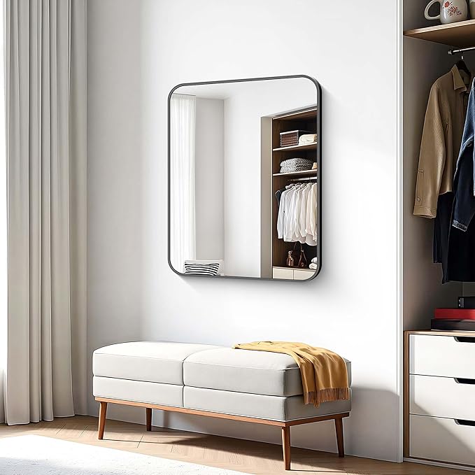 Bathroom Mirror, 36 x 30 inch Metal Framed Black Rectangle Mirror, Rounded - Image 8