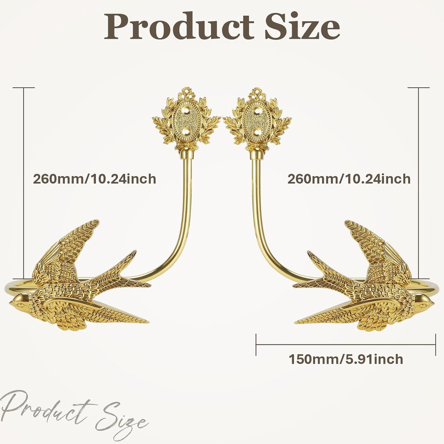 2 Pcs Vintage Heavy Duty Gold Brass Bird Head Curtain Tiebacks, Wall Mounted Handcrafted Animal Sculpture Curtain Holdbacks, Decorative Curtain Hooks for Living Room、 Bedroom and Home Office