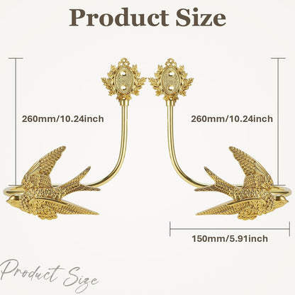 2 Pcs Vintage Heavy Duty Gold Brass Bird Head Curtain Tiebacks, Wall Mounted Handcrafted Animal Sculpture Curtain Holdbacks, Decorative Curtain Hooks for Living Room、 Bedroom and Home Office