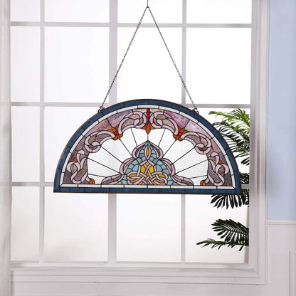 Bieye Lady Astor Demi-Lune Half-Round Window Panel Tiffany Style Stained Glass Hangings for Home Décor 36" W x 18" H W10035