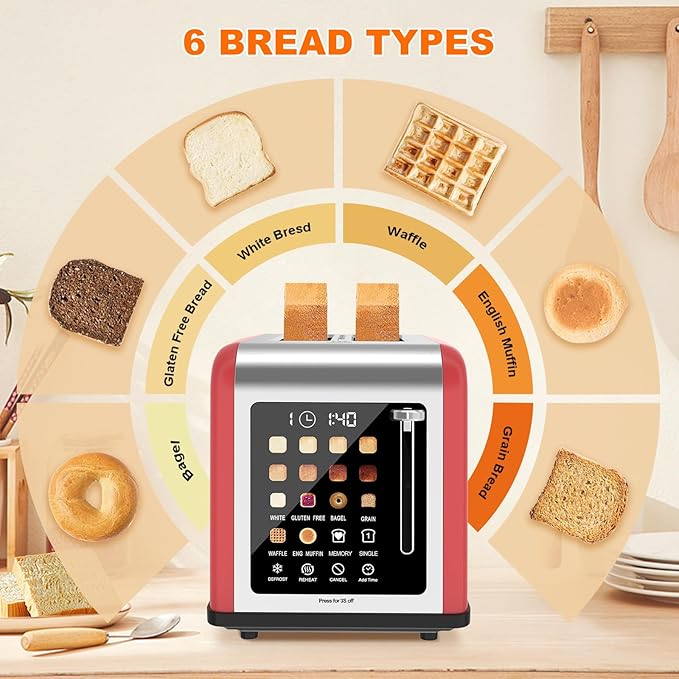 2 Slice Toaster Touch Screen, Stainless Steel Toasters Digital Timer 2 Slot - Image 6