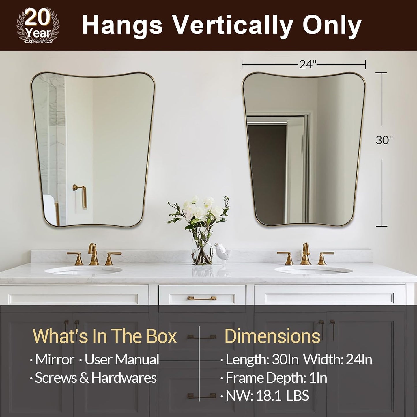 Irregular 24"x30" Brushed Gold Bathroom Vanity Mirror | Rustprrof Stainless Steel Frame, Concave Scalloped Contour, Ultra-HD Clarity, Ideal Bathroom Decor & Remodel, Vertically Only