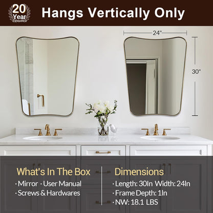 Irregular 24"x30" Brushed Gold Bathroom Vanity Mirror | Rustprrof Stainless Steel Frame, Concave Scalloped Contour, Ultra-HD Clarity, Ideal Bathroom Decor & Remodel, Vertically Only