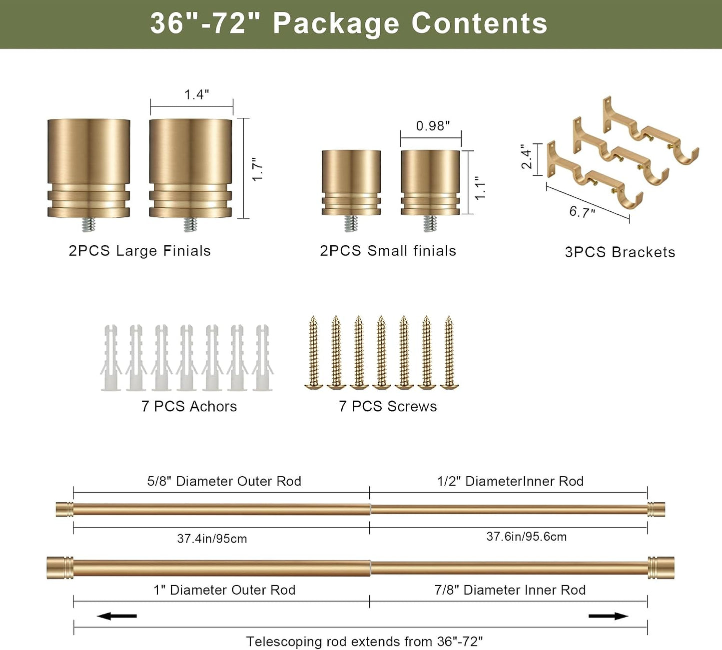 Double Curtain Rods 36-72 Inches for Windows, 1 Inch Diameter Adjustable Heavy Duty Drapery Rod with Aluminum Alloy Brackets and Finials, Modern Stylish Dual Curtains Rod, Brushed Gold