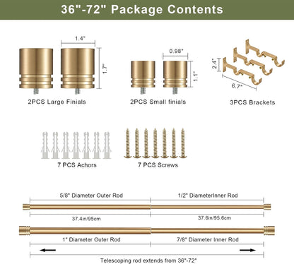 Double Curtain Rods 36-72 Inches for Windows, 1 Inch Diameter Adjustable Heavy Duty Drapery Rod with Aluminum Alloy Brackets and Finials, Modern Stylish Dual Curtains Rod, Brushed Gold