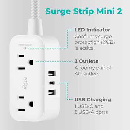 KMC 2-Outlet Mini Surge Protector Power Strip, 1 USB-C & 2 USB-A Ports - Image 2