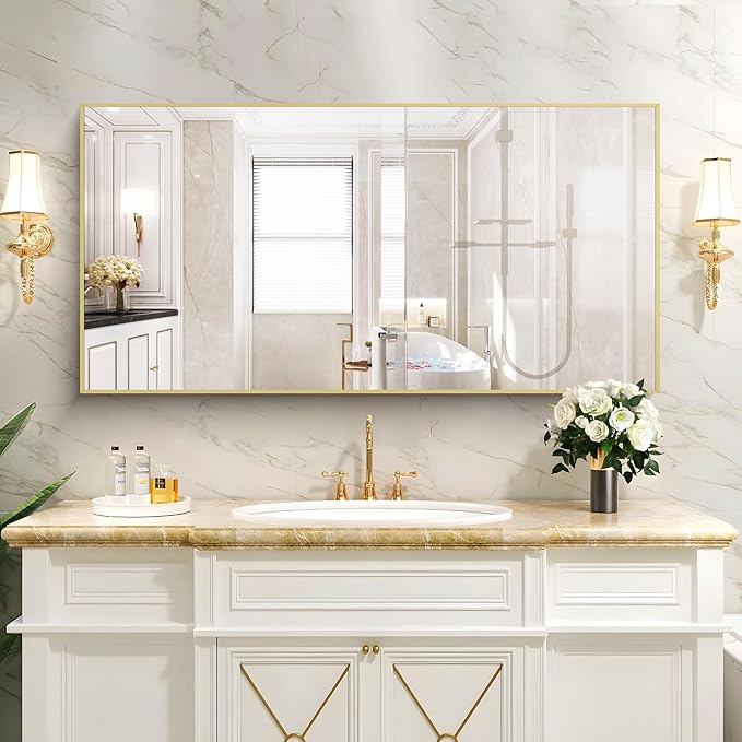 48x24In Gold Bathroom Mirror for Wall, Brushed Gold Rectangle Mirrors - Image 6