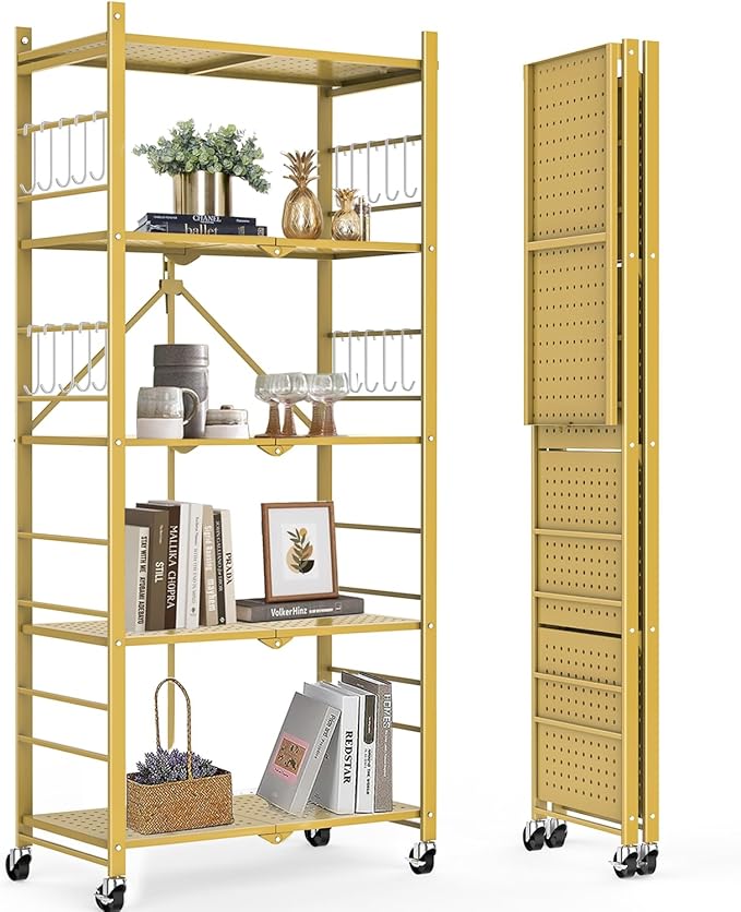 Storage Shelves with 20 Hooks, 5-Tier Foldable Shelves - Image 8