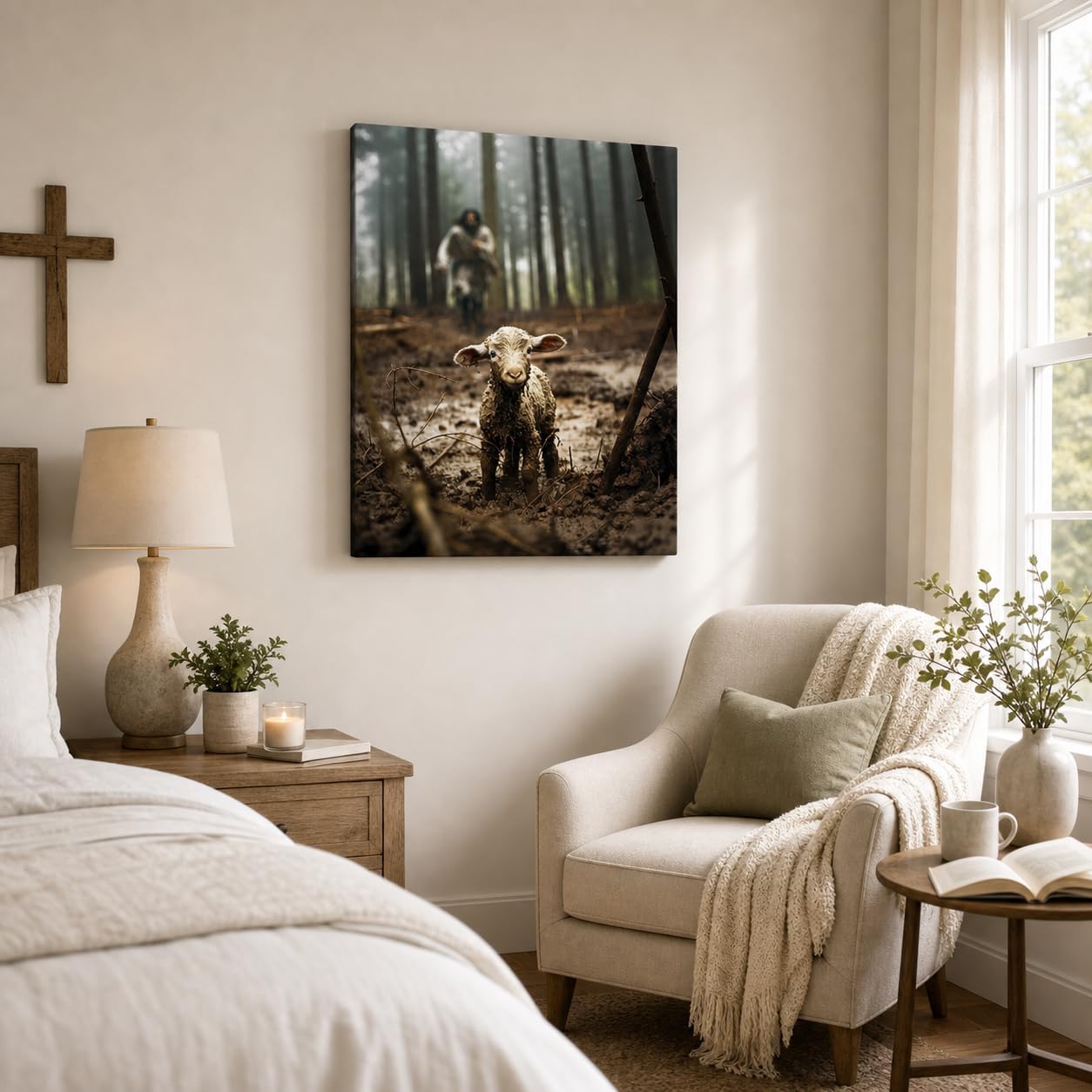 Jesus with Lamb Christian Canvas Wall Art, Religious Print, 11x14 Inch | Lost lamb faith artwork, gallery wrapped ready to hang, fade-resistant decor for living room, prayer room and church