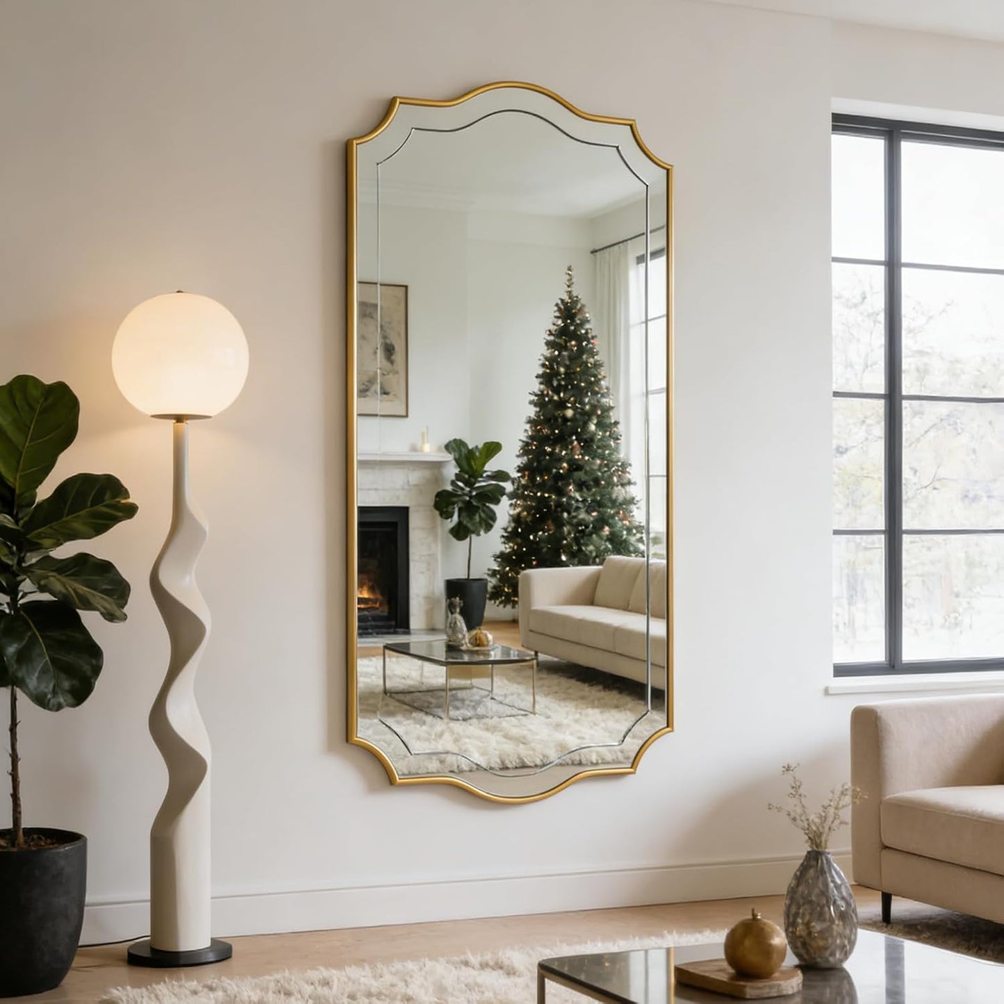 POZINO 47"x24" Large Scalloped Wall Mirror with Gold Wood Frame | Irregular Rectangle Design, Horizontal/Vertical Hanging, Elegant Wavy Wall Mirror for Entryway Bedroom Bathroom Living Room