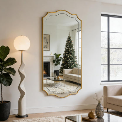 POZINO 47"x24" Large Scalloped Wall Mirror with Gold Wood Frame | Irregular Rectangle Design, Horizontal/Vertical Hanging, Elegant Wavy Wall Mirror for Entryway Bedroom Bathroom Living Room