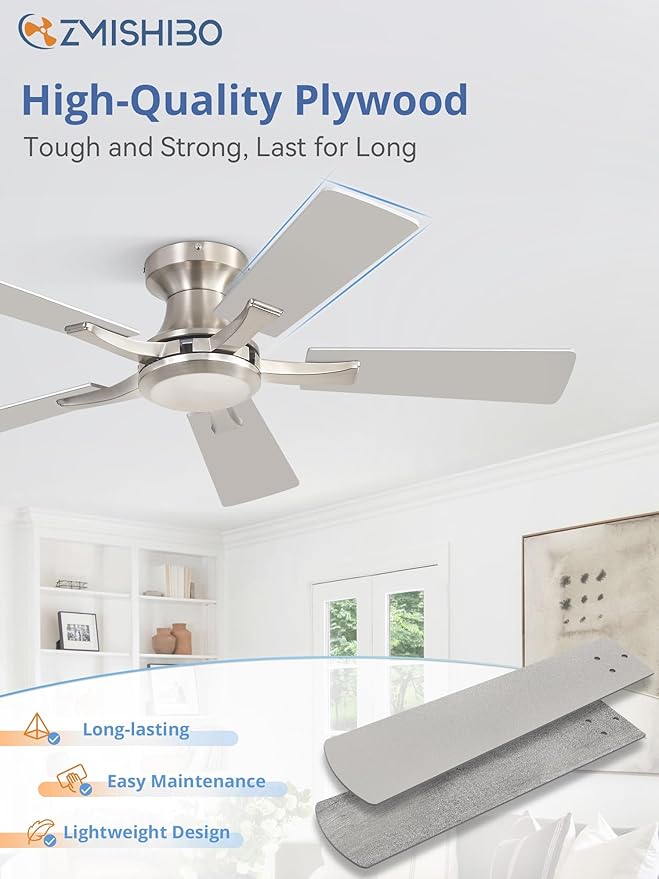 ZMISHIBO 42 Inch Ceiling Fan No Light, Flush Mount Low Profile, Modern Nickel - Image 6