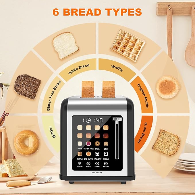 2 Slice Toaster Touch Screen, Stainless Steel Toasters Digital Timer 2 Slot - Image 6