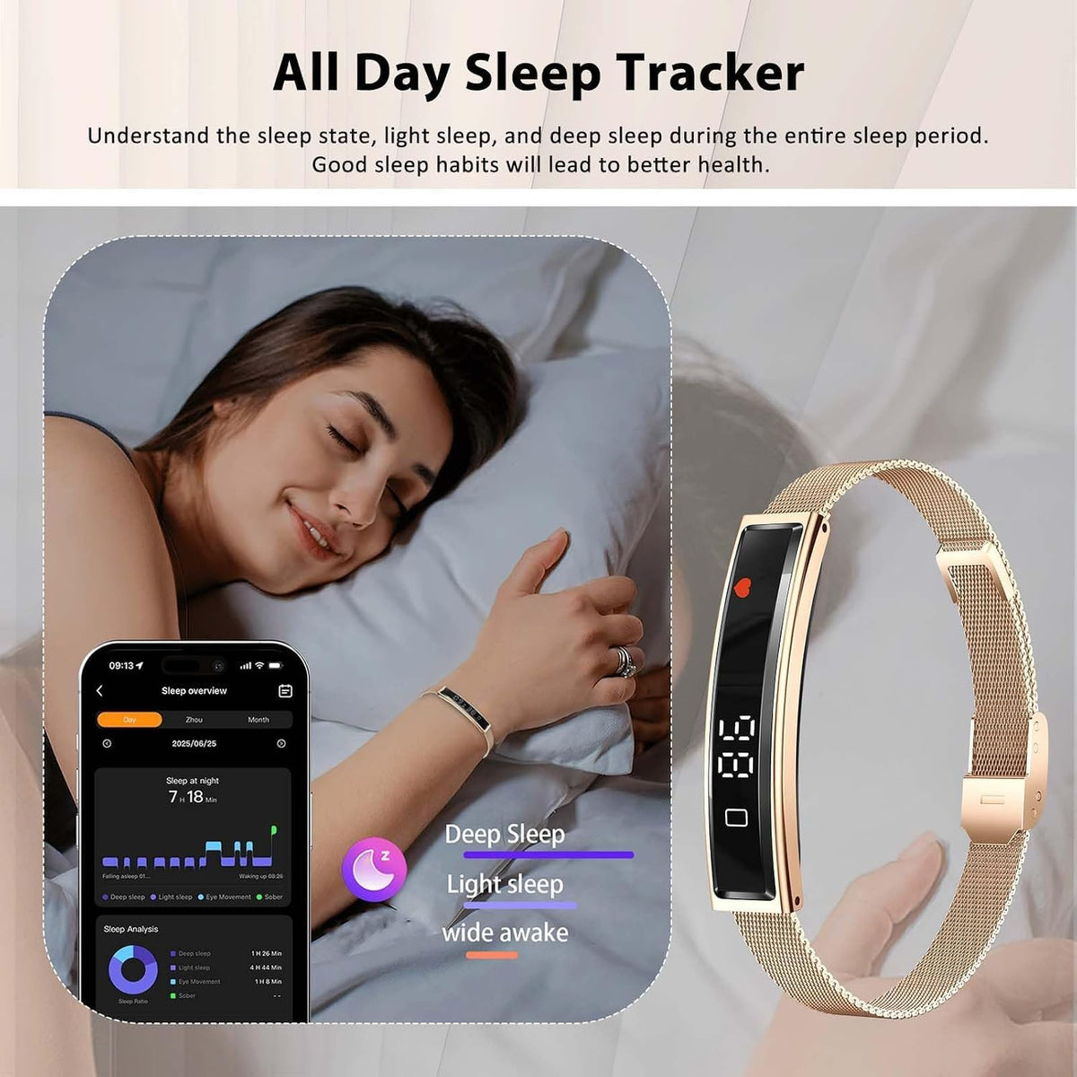 fitness health/calorie tracker with 2 bands, sleep detection, side view