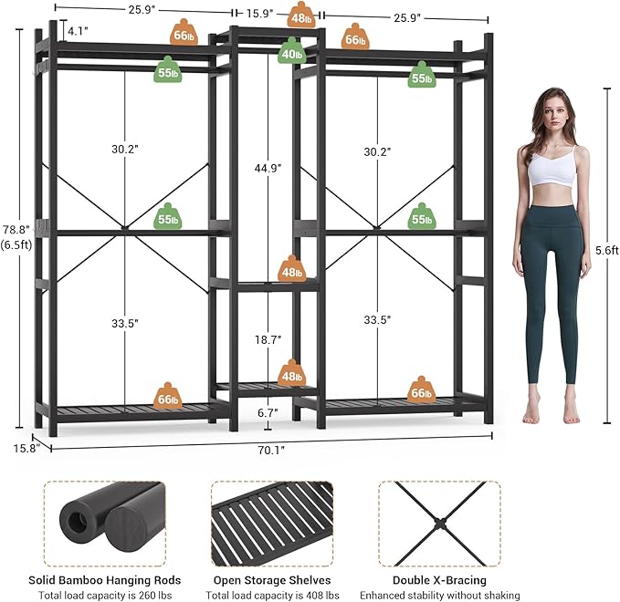 Homykic Bamboo Closet System Clothes Rack, Large Freestanding Garment Rack - Image 4