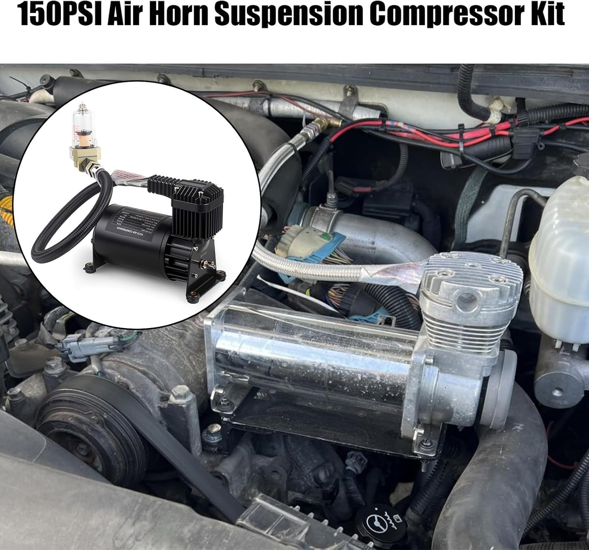 12V 150PSI Air Horn Suspension Compressor Kit 3/8 NPT Black