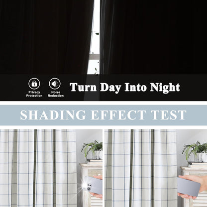 Vision Home Blue Plaid Linen Pinch Pleated Full Blackout Curtains Checkered Thermal Insulated Window Panels 90 inch for Bedroom Living Room Darkening Rustic Pinch Pleat Drapes with Hooks 40" Wx90 Lx2