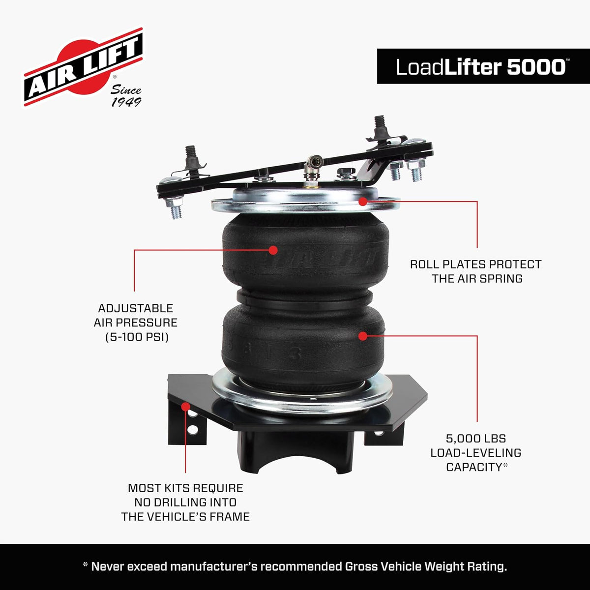air lift 57288 loadlifter 5000 air spring suspension showing dimensions