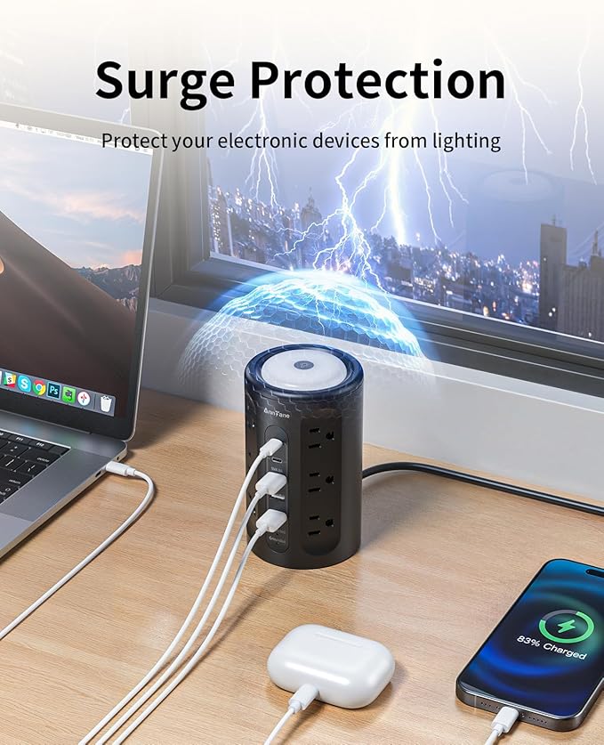 AnnTane Power Strip Tower with Night Light, Power Strip Surge Protector with - Image 7