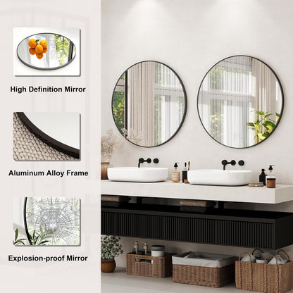 42 Inch Round Bathroom Mirror - Black Wall Mounted Circle Mirror with Metal Frame, Modern Round Hanging Mirror Suitable for Bathroom, Vanity, Entryway, Living Room