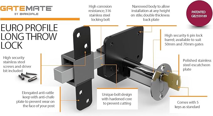 GateMate Long Throw Gate Lock, Euro Profile Keyed Both Sides Gate Lock - Image 6