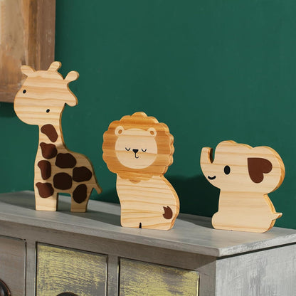 Barydat 3 Pcs Wood Safari Nursery Decor Cute Woodland Animal Nursery Safari Decoration Woodland Animal Jungle Themed Room Decor Giraffe Lion Elephant Art for Baby Shower Bedroom Boy Girl Gifts