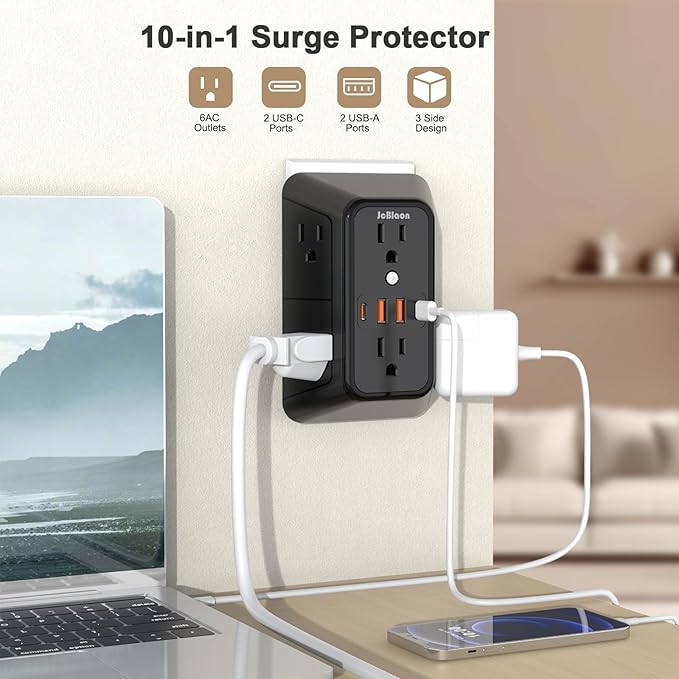 2 Pack Multi Plug Wall Outlet Extender Surge Protector 6 AC Outlet Splitter - Image 2