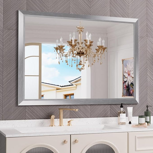 Amorho 50 X36 Inch Bathroom Mirror Silver, Thick Metal Framed Wall Mirrors by Amorho