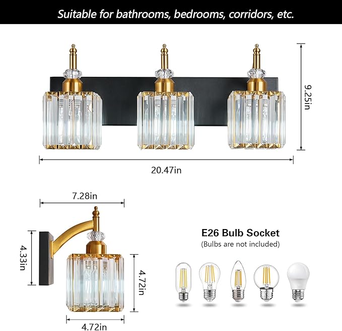BBLLWJ Modern Bathroom Vanity Light 3-Light Black and Gold Crystal Light - Image 4