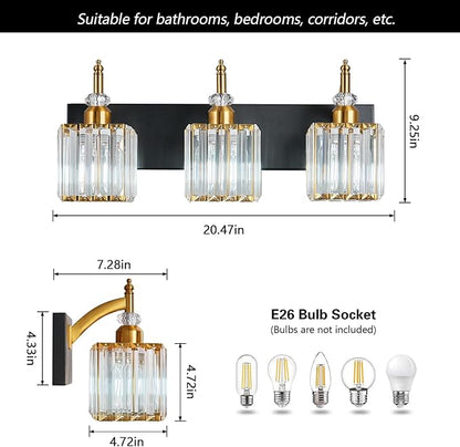 BBLLWJ Modern Bathroom Vanity Light 3-Light Black and Gold Crystal Light - Image 4