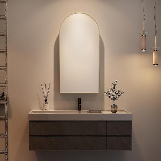 Arched Medicine Cabinet with Mirror, Brushed Gold Medicine Cabinet with Storage by Mepplzian
