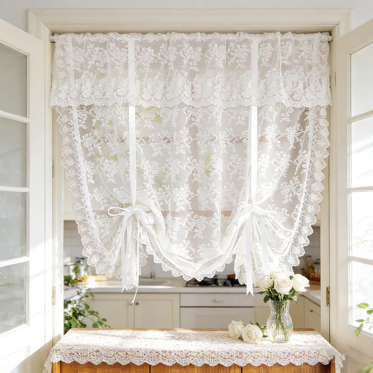 White Floral Lace Tie Up Curtain, Adjustable Lift Balloon Window Shade | Scalloped Edge Kitchen Curtain, Light Filtering Sheer Lace Curtain for Cafe Bathroom Rod Pocket, 1 Panel (W35 L39 inch)