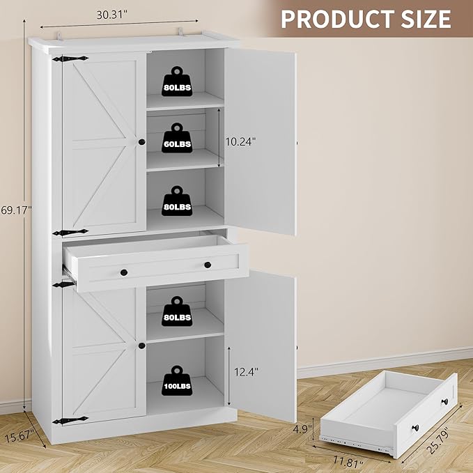Pantry Organizers and Storage Cabinet, 70” Barn Door White Kitchen Cabinet - Image 2