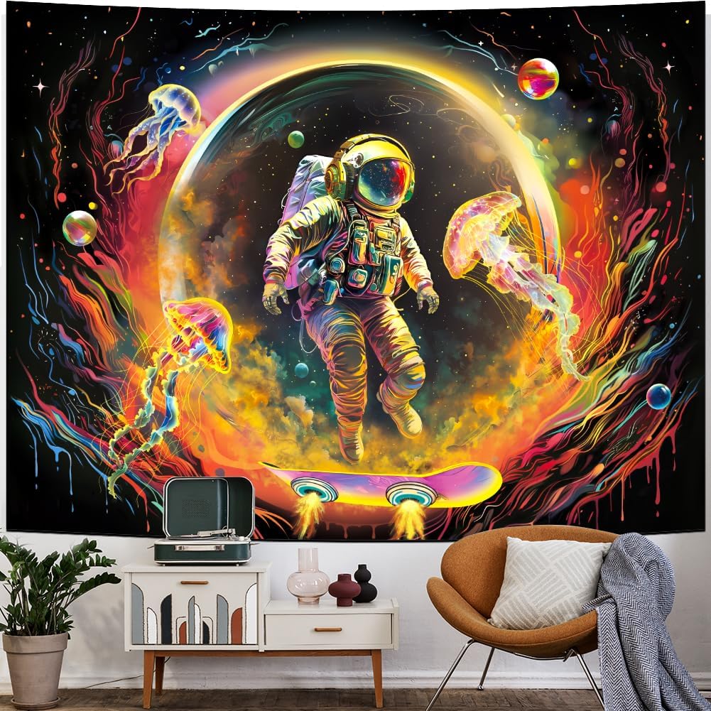 Heopapin Blacklight Astronaut Space Tapestry UV Reactive Planet Jellyfish Wall Tapestry Skateboard Astronaut Space Journey Art Tapestries Wall Hanging for Room L59×W51