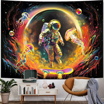 Heopapin Blacklight Astronaut Space Tapestry UV Reactive Planet Jellyfish Wall Tapestry Skateboard Astronaut Space Journey Art Tapestries Wall Hanging for Room L59×W51