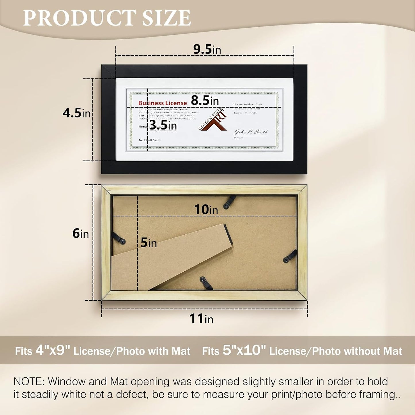 Golden State Art Business License Frame 5x10 matted 4x9, Black Wood | Real Glass & White Mat, Horizontal & Vertical For Tabletop Display, Fit Check, Certificate And Photos, Office Or Home Decor