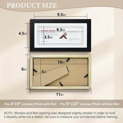 Golden State Art Business License Frame 5x10 matted 4x9, Black Wood | Real Glass & White Mat, Horizontal & Vertical For Tabletop Display, Fit Check, Certificate And Photos, Office Or Home Decor