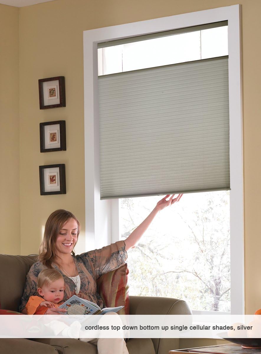 Cordless Top Down Bottom Up Cellular Honeycomb Shades, 66W x 36H, Greige, Sizes 62-72 Wide