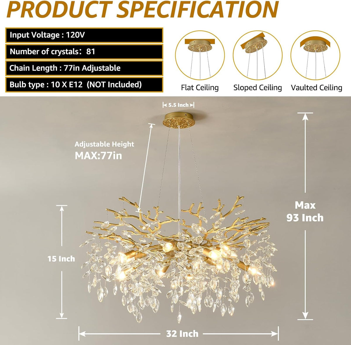 EGM Gold Tree Branch Chandelier 32" 10-Light Modern Crystal Light Fixture