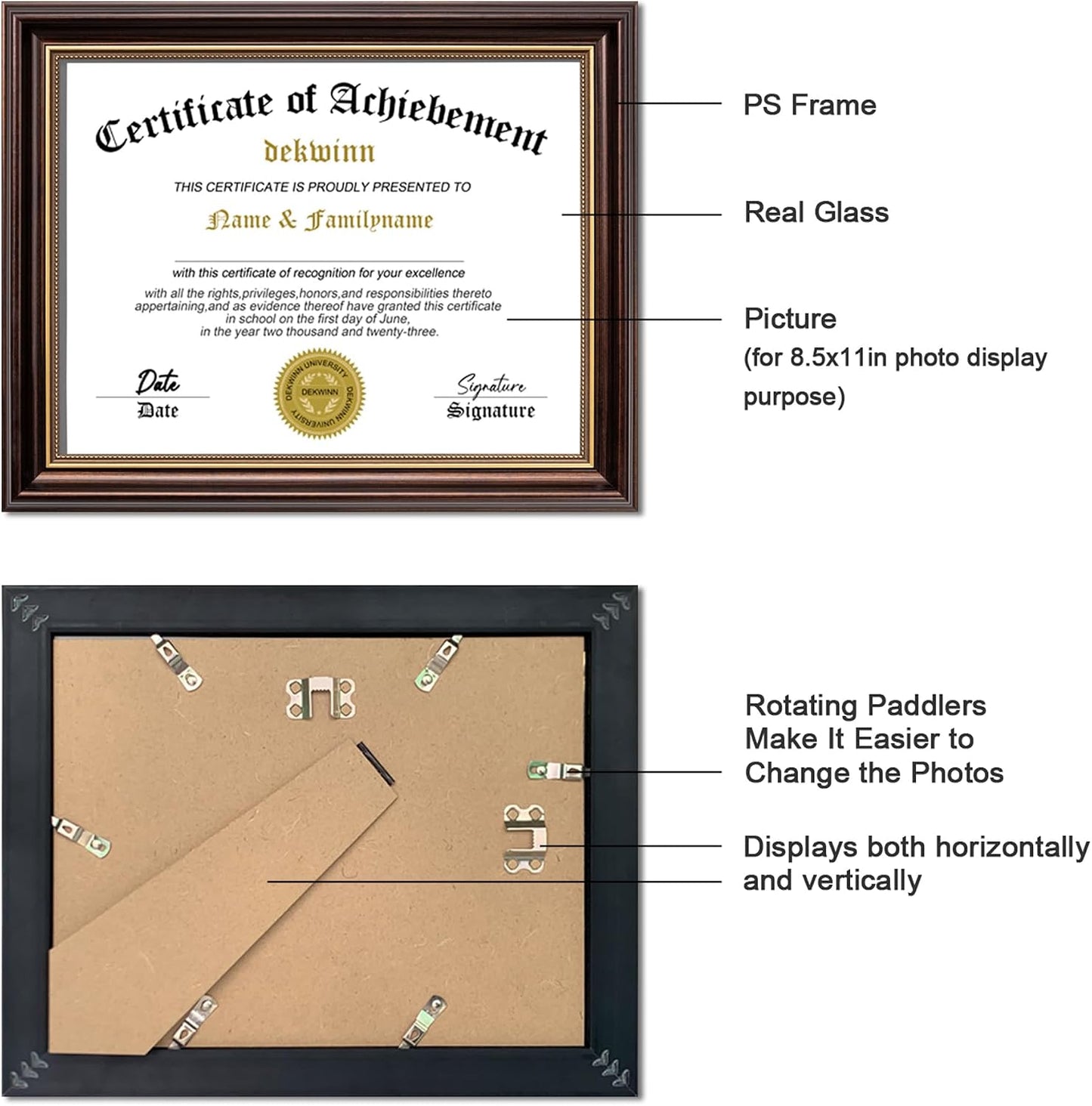 8.5x11 Diploma Frames Certificate Document Frame,1 Pack Reddish Brown/Gold Trim with Real Glass for Wall Gallery or Tabletop display, Without Mat