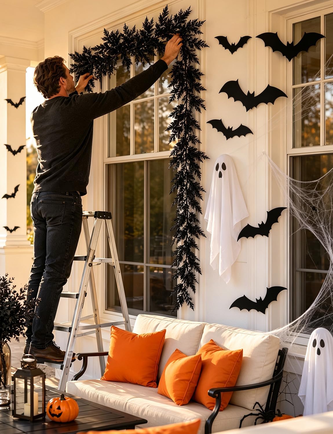 2 PCS 5.91 FT Black Halloween Cedar Pine Garland, Realistic Spooky