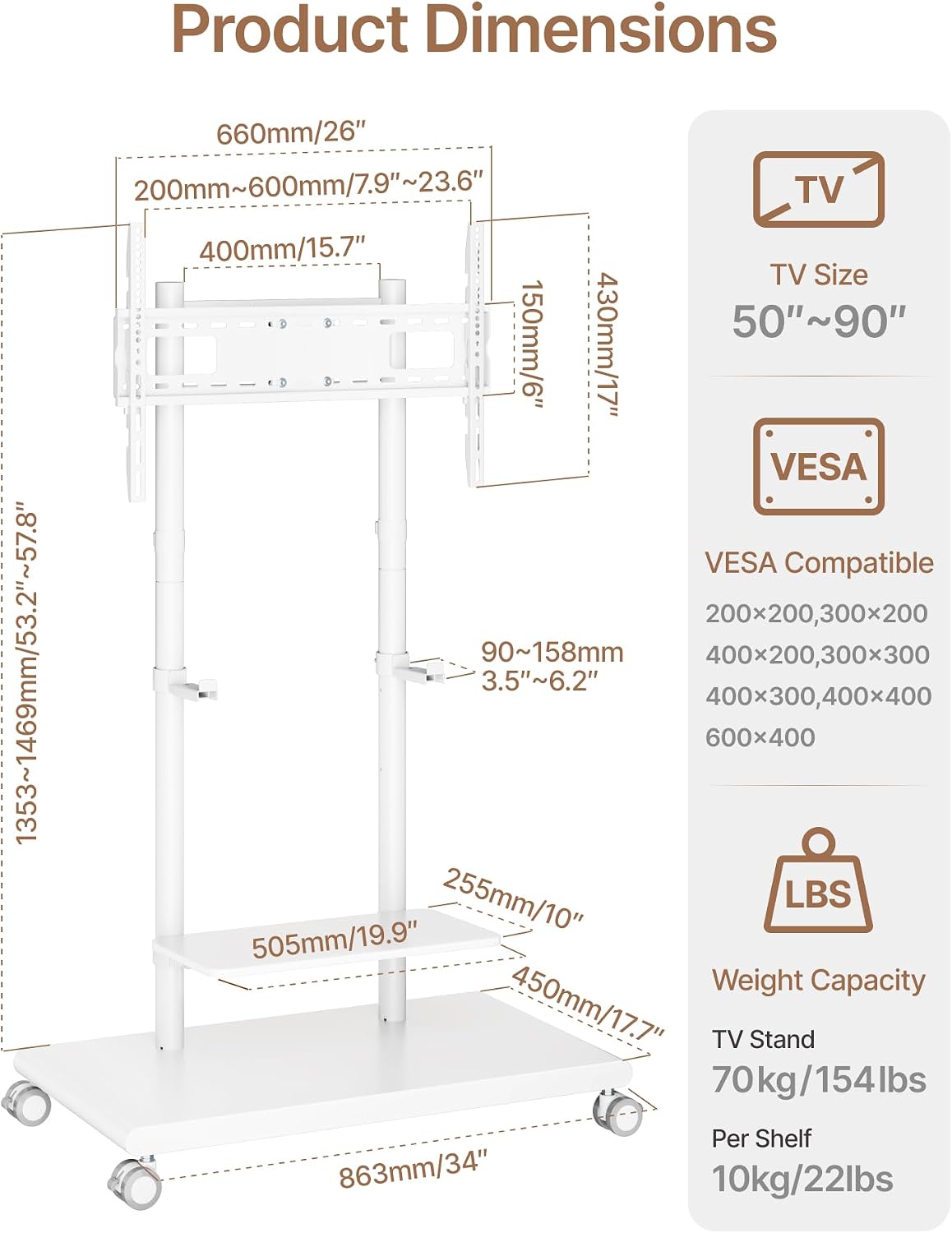 rolling tv stand with soundbar mount for 50-90inch, view 9