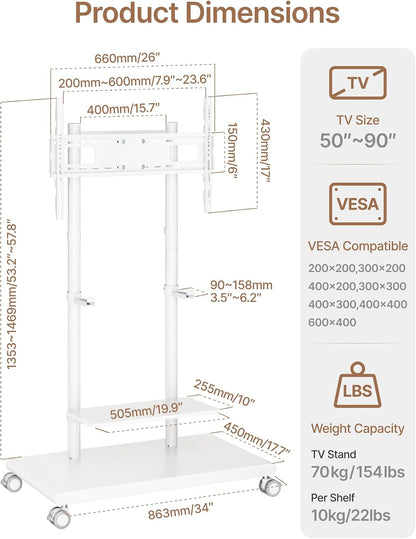 rolling tv stand with soundbar mount for 50-90inch, view 9