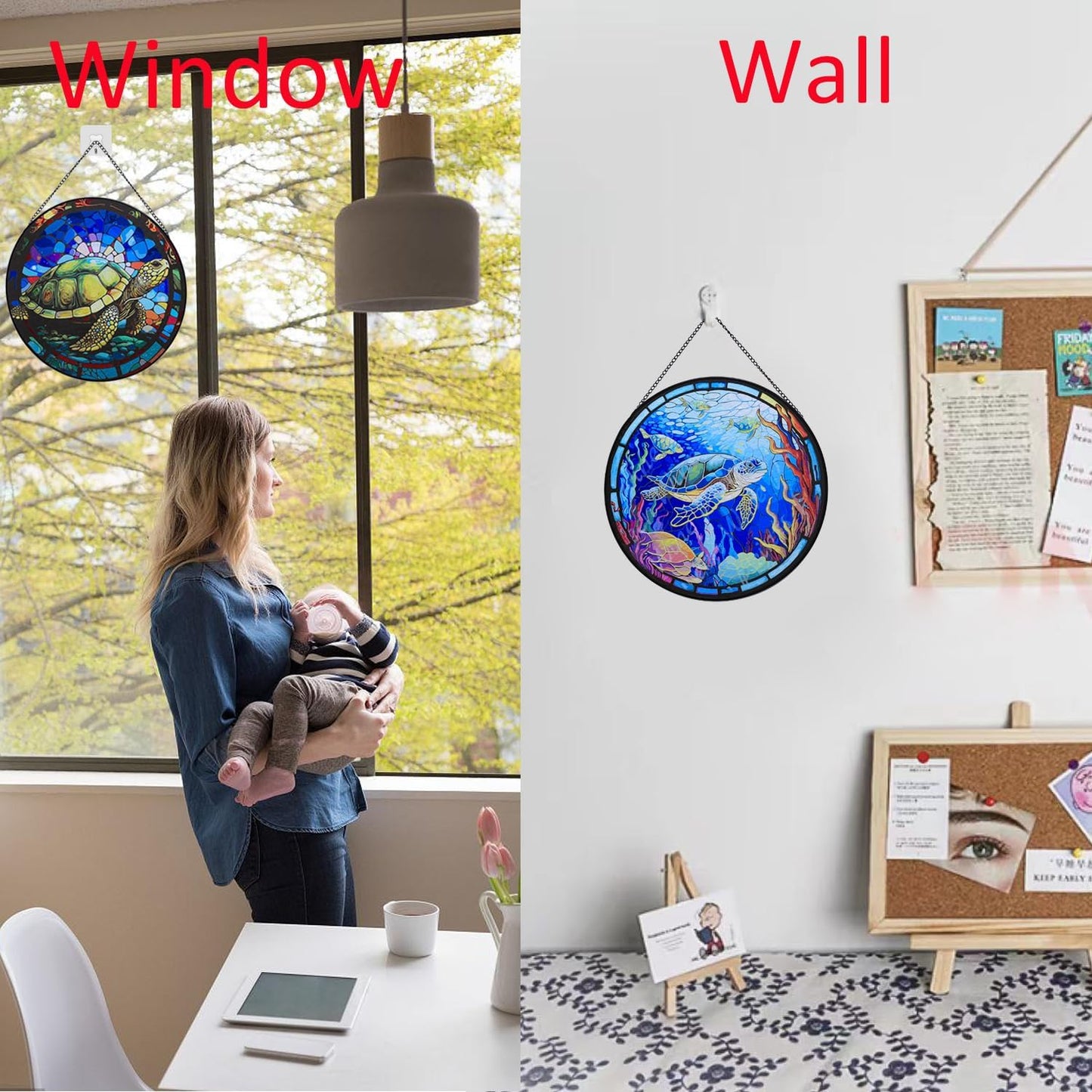 Hanging Stained Glass for Windows,20cm/7.87 inch Turtle Hand-Painted Glass Panel Window Hanging Suncatchers Christmas Ornaments Home Courtyard Decor,Housewarming Gift (Style B)