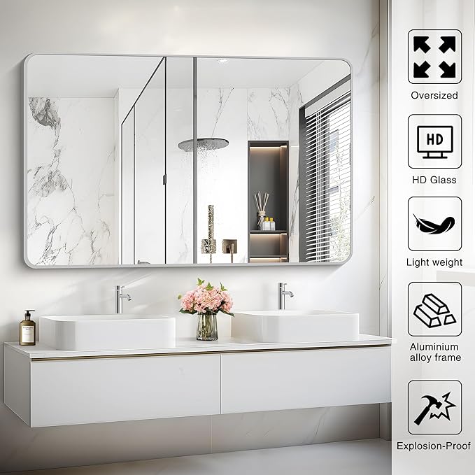 55x36 Inch Silver Bathroom Mirror, Large Rectangular Vanity Mirror, Metal - Image 5