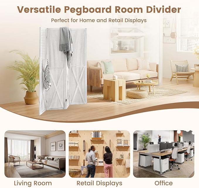 ALeesing 4 Panel Pegboard Wood Room Divider, 5.6Ft Pegboard Display Folding - Image 5